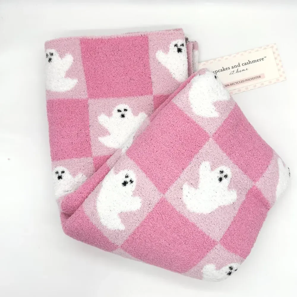 Cupcakes & Cashmere Pink & White Checkered Ghost Throw Blanket Halloween New
